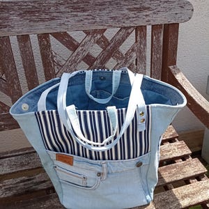 Sac cabas  recyclé en jean et velours rose fuchsia ou marin ,tendance, pratique ,made in France ,fait main ,