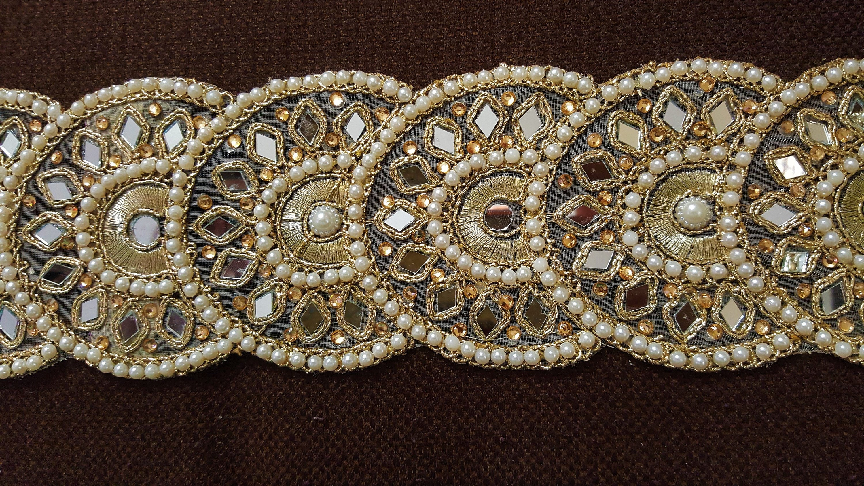 1 Yard Pearl Beaded Flower Lace Edge Trim Ribbon 3.7 cm Width Vintage Style White Trimmings Edging Fabric Embroidered Applique Sewing Craft Wedding Bridal Dress Party Clothes Hat Headband Decoration
