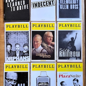 Puede incluir: Nueve programas de teatro Playbill con bordes amarillos. Los títulos incluyen "How I Learned to Drive", "Indecent", "Glengarry Glen Ross", "Orphans", "Inherit the Wind", "End of the Rainbow", "All the Way", "Who's Afraid of Virginia Woolf?" y "Plaza Suite".
