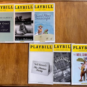 May include: A selection of vintage theatre programmes, including Playbills and Laybills. Titles visible are "The Goat," "Delicate Balance," "Seascape," "The Dinner Party," and "45 Seconds From Broadway." The covers display illustrations.