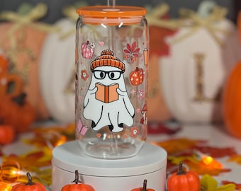 Ghostie Fall Books, Frosted Glass Can with Bamboo Lid & Straw, Sublimation, Gift ideas