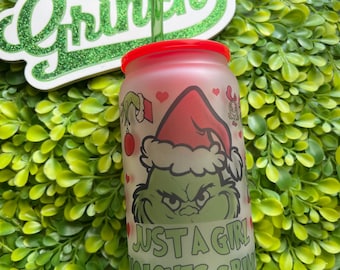 Frosted Grinch Glass Can with Plastic Lid and Bamboo Lid, Sublimation, Gift ideas