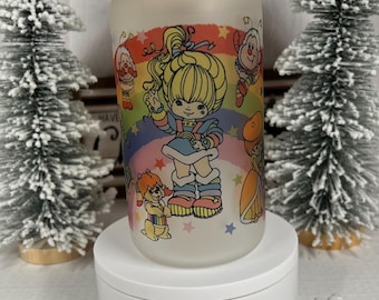 Rainbow Doll Nostalgia, 80s Frosted Glass Can with Bamboo Lid & Straw, Sublimation, Gift ideas