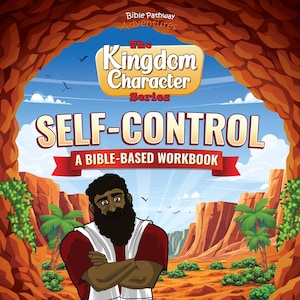 Puede incluir: Portada del libro "Self-Control: A Bible-Based Workbook" de la "Kingdom Character Series". La portada presenta una ilustración de un hombre con barba, ambientada en un paisaje desértico. El libro es para los grados 3-6.
