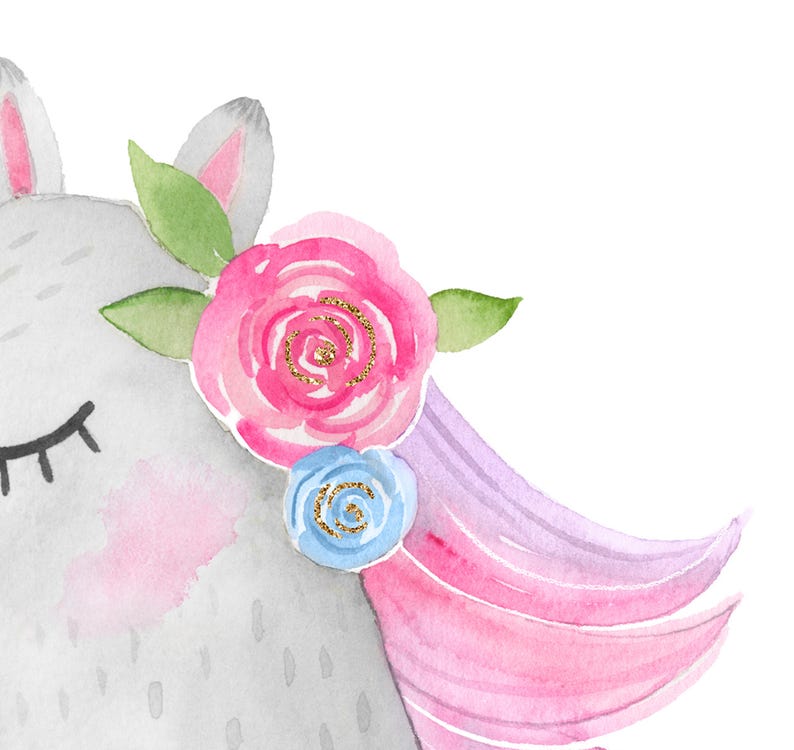 Watercolor Unicorn Wall Art Glitter Unicorn With Flowers Etsy