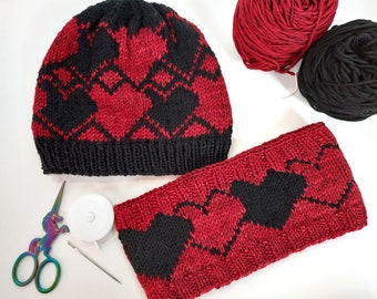 Amore Hearts Hat and Ear Warmer Knitting Pattern