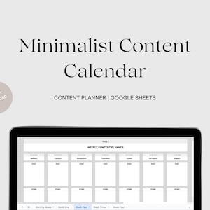 Könnte beinhalten: Ein Laptop-Bildschirm zeigt eine Google Sheet mit einer minimalistischen Content-Kalender-Vorlage. Die Vorlage enthält Abschnitte für monatliche Ziele, wöchentliche Inhalte und tägliche Beiträge. Der Text "WEEKLY CONTENT PLANNER" ist oben auf dem Blatt sichtbar.