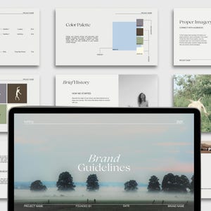May include: A laptop screen displaying a brand guideline document with the title "Brand Guidelines". The document features a foggy landscape with trees and the text "20205" in the top right corner. The document also includes sections for "Project Name", "Founded By", "Date", and "Brand Name".