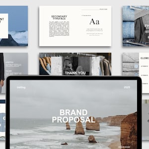 May include: A laptop screen displaying a brand proposal presentation with a photo of a rocky coastline and ocean. The presentation includes the words "Brand Proposal" and "2025".