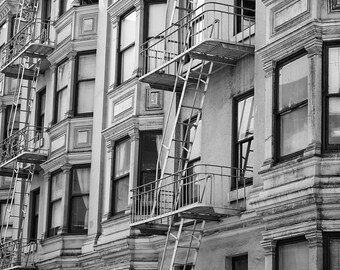 San Francisco Victorian Apartments Print, Black White Fire Escape Photography