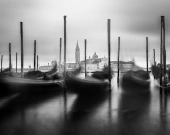 Venice Gondolas Photography Print, San Giorgio Maggiore Black and White