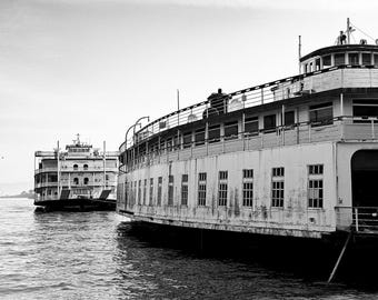 San Francisco Bay Ferries Print, Black White Maritime Photography, Vintage Boat Wall Art, Nautical Decor Photo