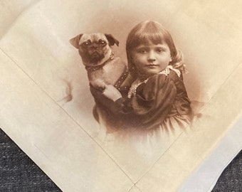 Rare Girl and Pug Dog 19th Century Sepia Photograph on Silk Handkerchief