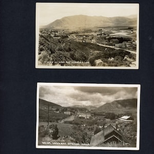 Vers 1910 Paire de cartes postales RPPC Vues à vol d'oiseau de Lava Hot Springs dans le Dakota du Sud