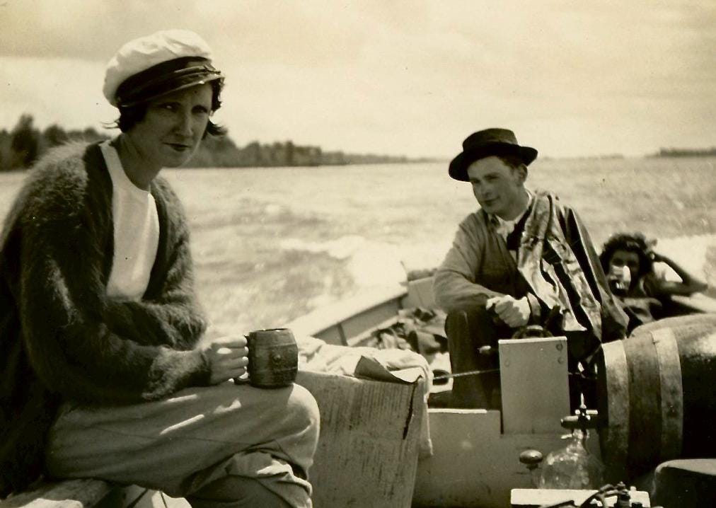 Magnificent c1930s Snapshot Photo Beautiful People on Small Boat Having Kegger
