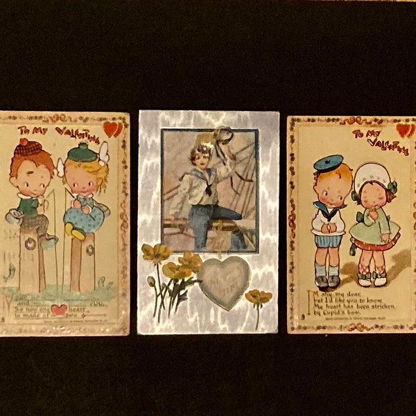 Fun Lot of 3 Antique c1910 Valentine Postcards Cartoon Kids & Sailor Fishing