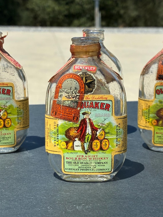Vintage 1937 Old Quaker Bourbon Miniature Bottles, Original Labels