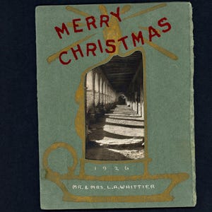 1926 Handgemaakte volkskunstfoto kerstkaart Mission San Fernando CA