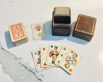 Antique Miniature Piatnik & Söhnes Playing Card Decks In Tiny Gilt Leather Case