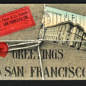 Belle carte postale couleur lithographie de 1907, salutations de San Francisco, nouveau bureau de poste de Wells Fargo