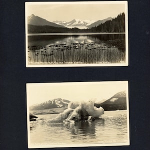 PAIRE de cartes postales avec photos réelles Elite Studio des années 1920, représentant les paysages et les glaciers de l'Alaska - Taku et Mendenhall