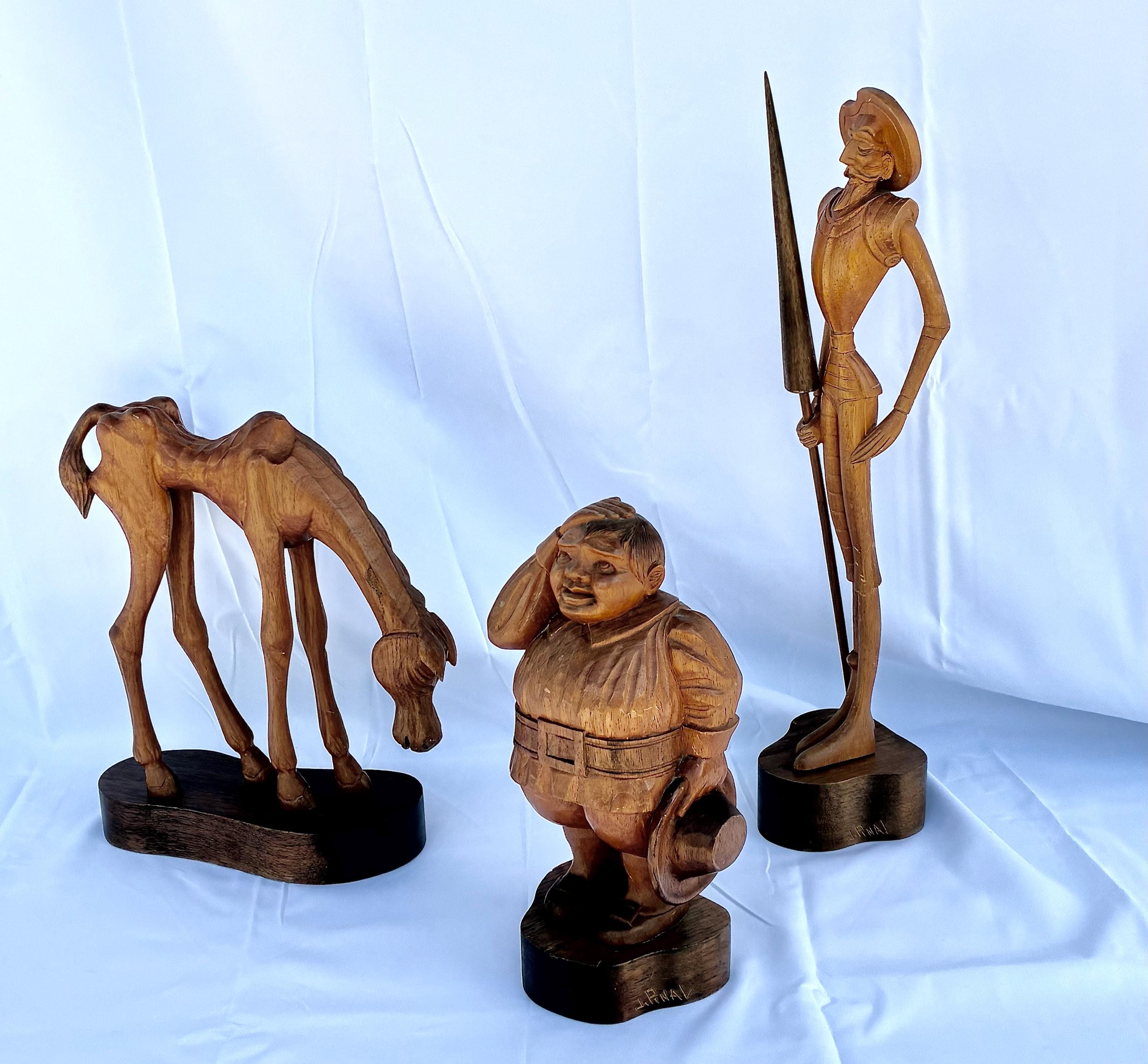 Magnificent Set of 3 Large 1952 Jose Pinal Don Quixote Wood Sculptures From Mexico