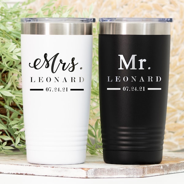 Mr. and Mrs. Tumbler Set, Personalized Bride Groom Name Wedding Gift, Laser Engraved 12oz 20oz 30oz Mug, Wedding Tumbler Set