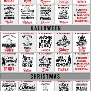 May include: A grid of 10 x 10 squares featuring various designs for personalised tumblers. Each square is labelled with a number and a category title, such as "Camping", "Halloween", and "Christmas". The designs include images and text, such as "Camping is my favourite therapy", "Witches be crazy", and "Cheers to warm holiday memories".