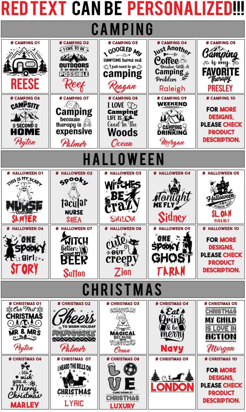 May include: A grid of 10 x 10 squares featuring various designs for personalised tumblers. Each square is labelled with a number and a category title, such as "Camping", "Halloween", and "Christmas". The designs include images and text, such as "Camping is my favourite therapy", "Witches be crazy", and "Cheers to warm holiday memories".