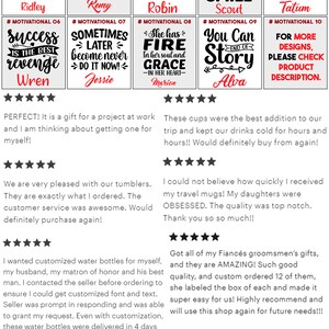 May include: Ten motivational quotes printed on white ceramic mugs with black text and red accents. The mugs are arranged in two rows of five. The quotes include "Believe You Can", "Wish Less Work More", "I Am Working On Myself", "Never Give Up On The Things That Make You Smile", "Good Things Take Time", "Success Is The Best Revenge", "Sometimes Later Become Never Do It Now", "She Has Fire In Her Soul And Grace In Her Heart", "You Can End Of Story", and "For More Designs, Please Check Product Description".