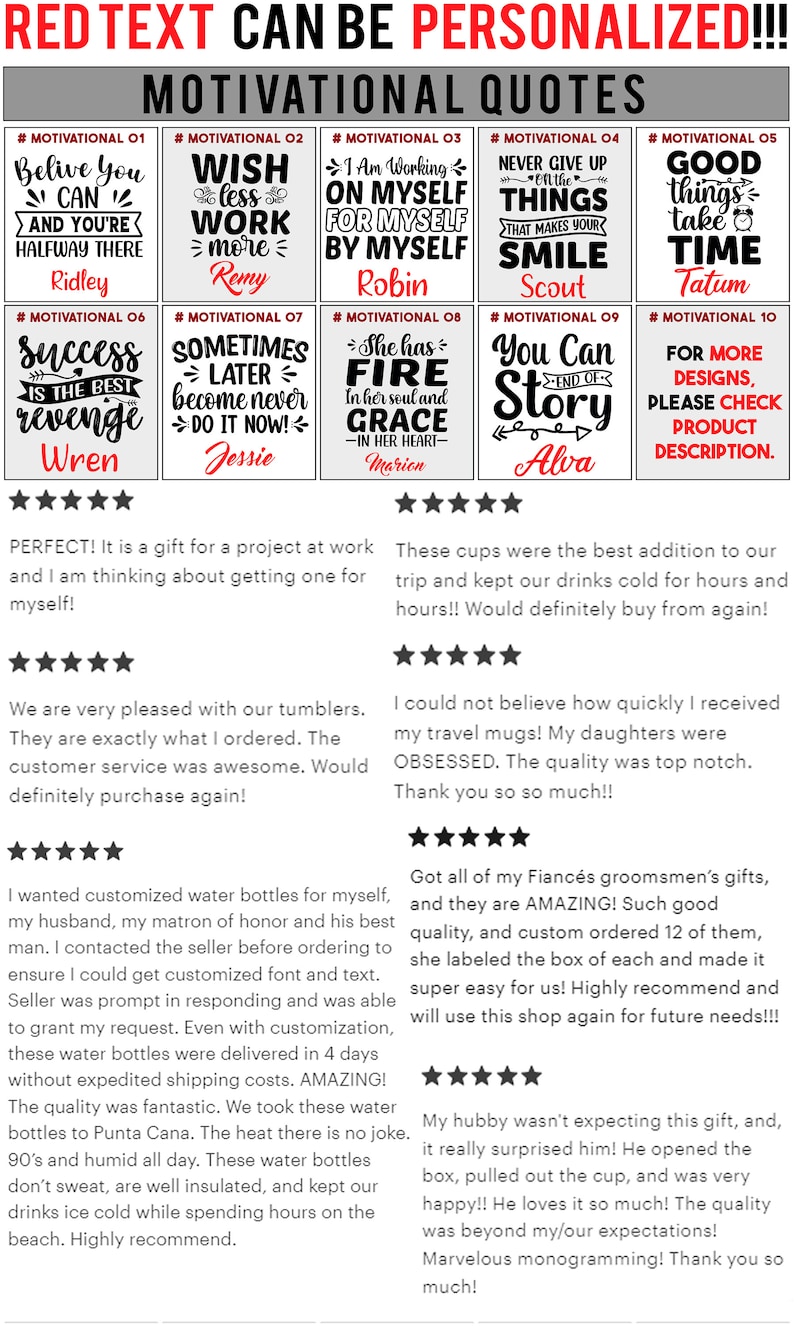 May include: Ten motivational quotes printed on white ceramic mugs with black text and red accents. The mugs are arranged in two rows of five. The quotes include "Believe You Can", "Wish Less Work More", "I Am Working On Myself", "Never Give Up On The Things That Make You Smile", "Good Things Take Time", "Success Is The Best Revenge", "Sometimes Later Become Never Do It Now", "She Has Fire In Her Soul And Grace In Her Heart", "You Can End Of Story", and "For More Designs, Please Check Product Description".