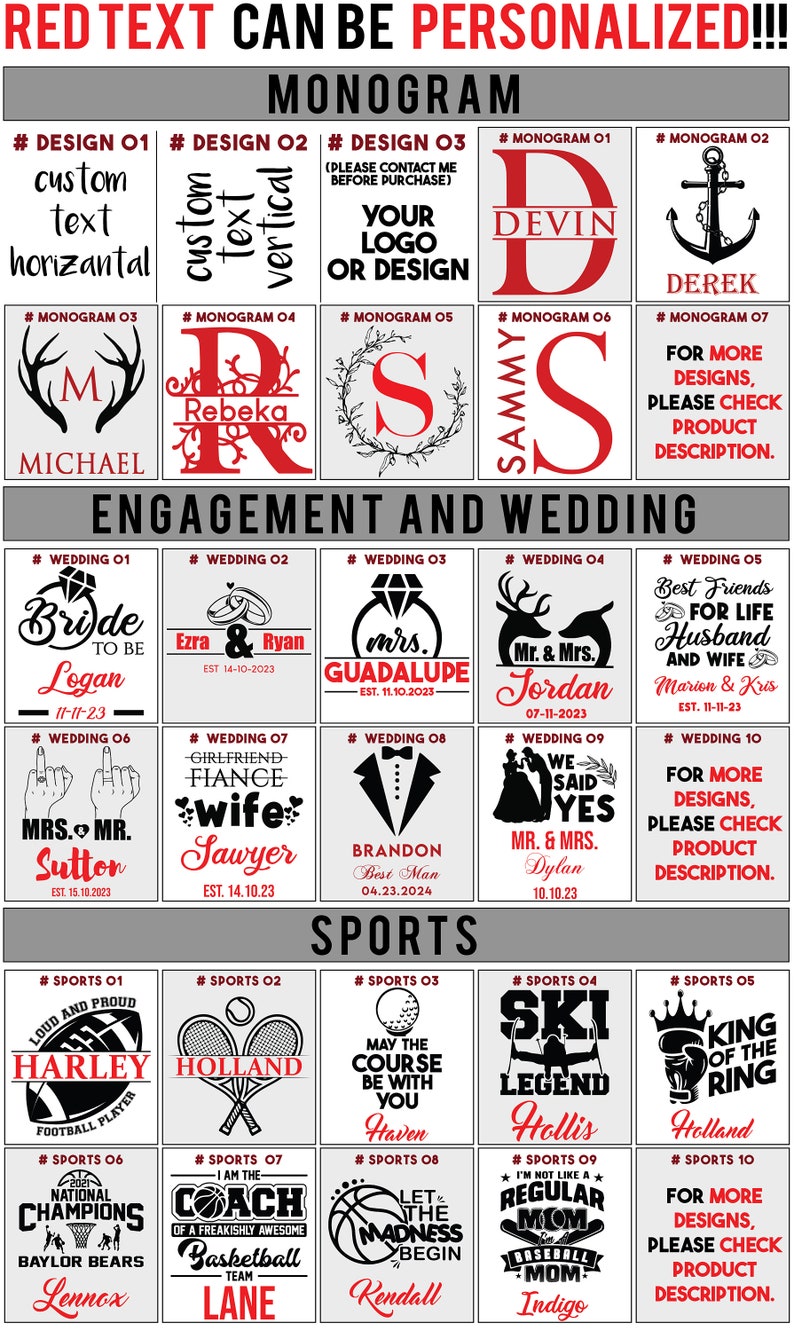 May include: A collage of images showcasing various designs for personalised tumblers. The designs feature monograms, wedding themes, and sports themes. The text on the images includes names, dates, and phrases such as "Bride to Be", "Best Man", and "Ski Legend".