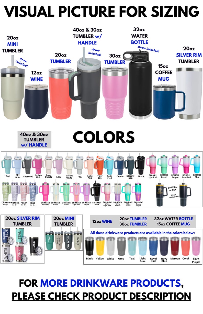 May include: A visual guide to different sizes of drinkware, including tumblers, water bottles, and coffee mugs. The image shows various colors and styles, including a 20-ounce mini tumbler, a 20-ounce tumbler, a 30-ounce tumbler, a 40-ounce tumbler with a handle, a 32-ounce water bottle, and a 15-ounce coffee mug.