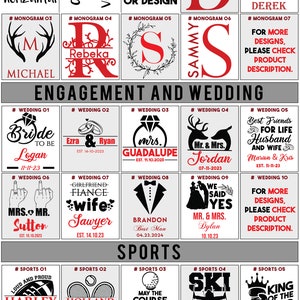 May include: A collage of images showing different designs for personalized tumblers. The designs include monograms, wedding themes, and sports themes. The text on the images includes names, dates, and phrases like "Bride to Be", "Best Man", and "Ski Legend".