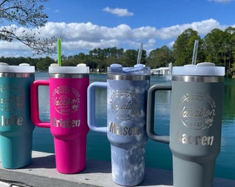 Personalized 40oz Tumbler With Handle Lid and Straw Stainless Steel Engraved Tumbler Gift for Him Personalized Gift Travel Mug, Custom Logo