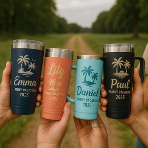 May include: Four stainless steel travel mugs with personalised names and the text "Family Vacation 2025". The mugs are in the colours blue, orange, teal, and black.