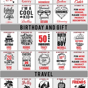 May include: A collection of 100 customisable designs for beverage coolers. The designs feature a variety of themes, including family, birthday, and travel. The designs are printed in black and red on a white background. The designs are numbered and include text such as "World's Best Mom", "Crazy Sisters", "50 Fabulous", "Birth Day Boy", "Friends Cruise 2023", and "Cancun 2023".