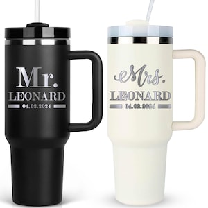 Mr. and Mrs. Tumbler Set With Lid & Straw Personalized Bride Groom Name Wedding Gift Laser Engraved 40 oz Mug Reusable Eco Friendly BPA Free