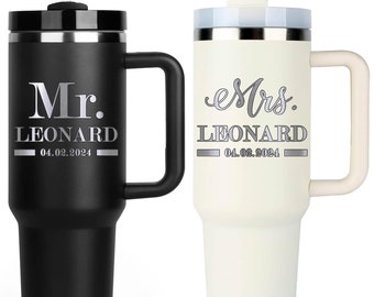 Mr. and Mrs. Tumbler Set With Lid & Straw Personalized Bride Groom Name Wedding Gift Laser Engraved 40 oz Mug Reusable Eco Friendly BPA Free