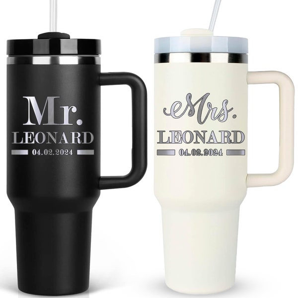 Mr. and Mrs. Tumbler Set With Lid & Straw Personalized Bride Groom Name Wedding Gift Laser Engraved 40 oz Mug Reusable Eco Friendly BPA Free