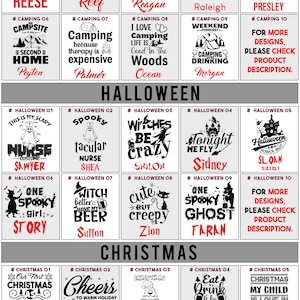 May include: A grid of 10 x 10 squares featuring various designs for personalised tumblers. Each square is labelled with a number and a category title, such as "Camping", "Halloween", and "Christmas". The designs include images and text, such as "Camping is my favourite therapy", "Witches be crazy", and "Cheers to warm holiday memories".
