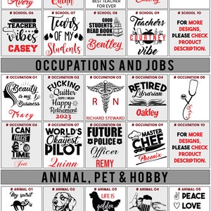 May include: A digital sheet with 10 rows of 5 squares each. Each square contains a design for a t-shirt with a different theme. The themes include school, occupations, and animals. The designs are in black and white with red accents. The text in the squares is in black and white. The squares are numbered and labeled with the theme. For example, the first square is labeled "# SCHOOL 01" and contains a design of an apple with the text "TEACHING MY TRIBE".