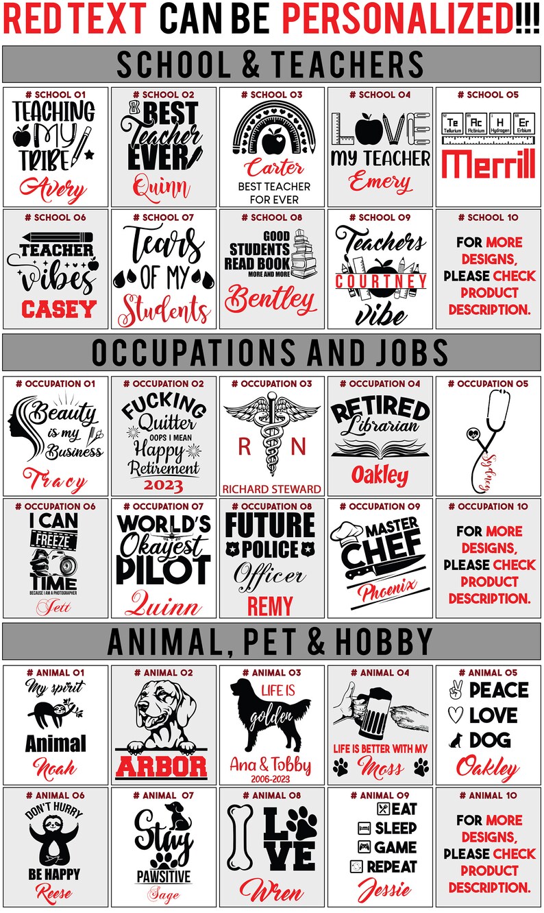 May include: A digital sheet with 10 rows of 5 squares each. Each square contains a design for a t-shirt with a different theme. The themes include school, occupations, and animals. The designs are in black and white with red accents. The text in the squares is in black and white. The squares are numbered and labeled with the theme. For example, the first square is labeled "# SCHOOL 01" and contains a design of an apple with the text "TEACHING MY TRIBE".