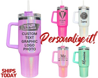 Personalized Shimmer 40oz Tumbler With Handle, Lid Straw, Stainless Steel Engraved Tumbler, Gift for Him, Personalized Gift Travel Colorful.