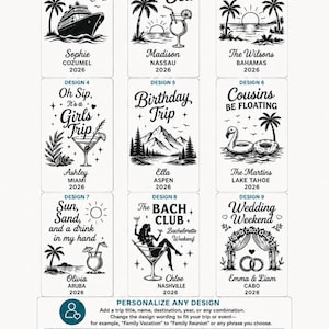 May include: A digital catalog displaying nine distinct black and white graphic design options for custom tumblers. Each design features unique text, illustrations like palm trees, cruise ships, and cocktails, and placeholders for names, locations, and the year 2026.
