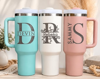 Laser Engraved Personalized Tumbler - 40oz Insulated Cup with Handle - Custom Logo Monogram Tumblers