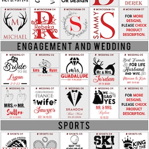 May include: A collage of images showcasing various designs for personalised tumblers. The designs feature monograms, wedding themes, and sports themes. The text on the images includes names, dates, and phrases such as "Bride to Be", "Best Man", and "Ski Legend".