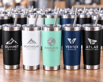 May include: A collection of cylindrical stainless steel tumblers with clear lids and metal straws. The tumblers feature various company logos including Summit Works, Northpeak Systems, Horizon Labs, Vertex Group, and Atlas Manufacturing in colors.