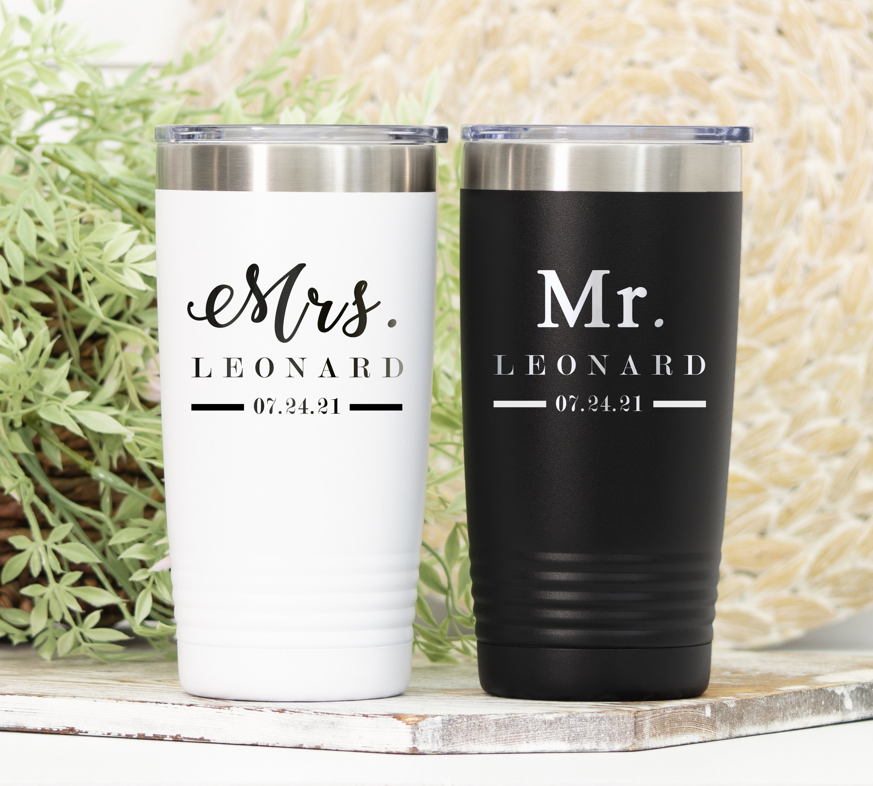 Mr. and Mrs. Tumbler Set, Personalized Bride Groom Name Wedding Gift, Laser Engraved 12oz 20oz 30oz Mug, Wedding Tumbler Set