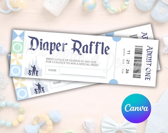 Boleto de rifa para baby shower "Disney Happiest Baby Shower", plantilla editable de Canva (8.5 x 2.75, azul, archivo digital)